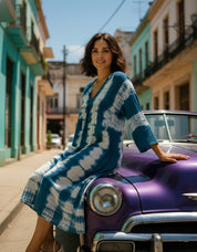 Women Handmade Dyed Rayon Flared Blue Dress (W1599)