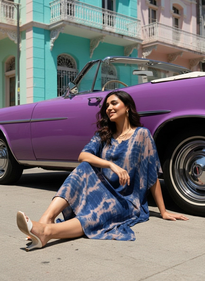 Women Rayon Tie & Dye Beige-Blue Kaftan Dress (W1206)