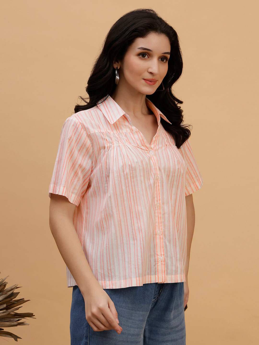 Women Camric Pink Striped Casual Regular Fit Shirt (W1812)
