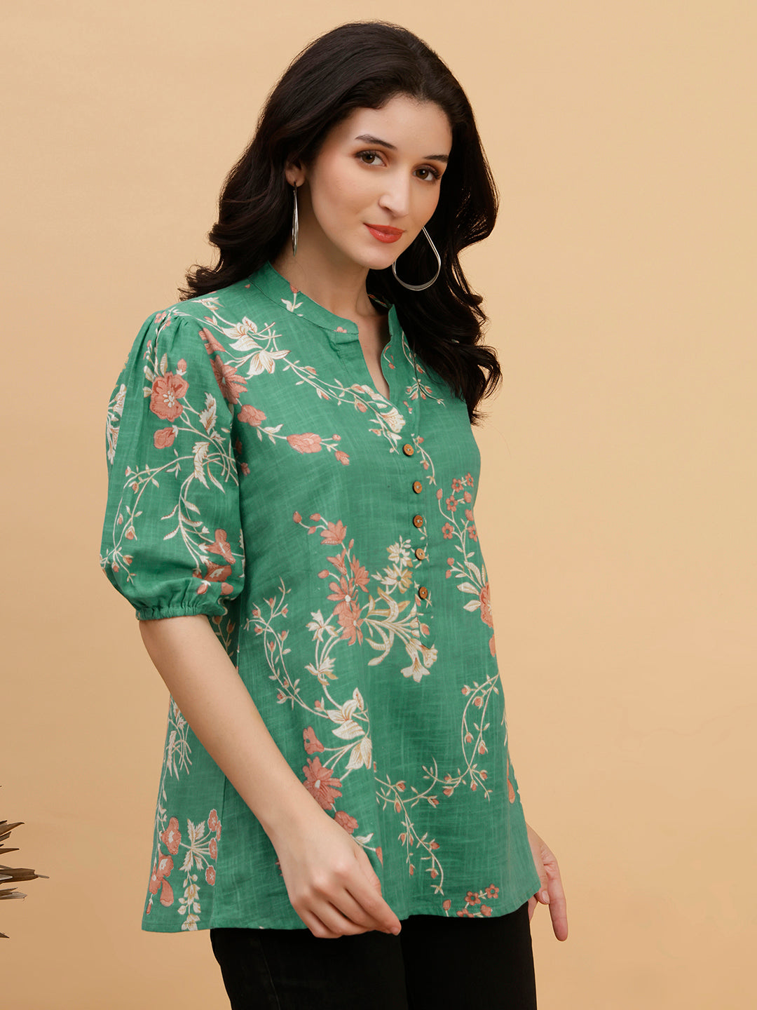 Women Green  Printed Camric Casual Top (W1817)