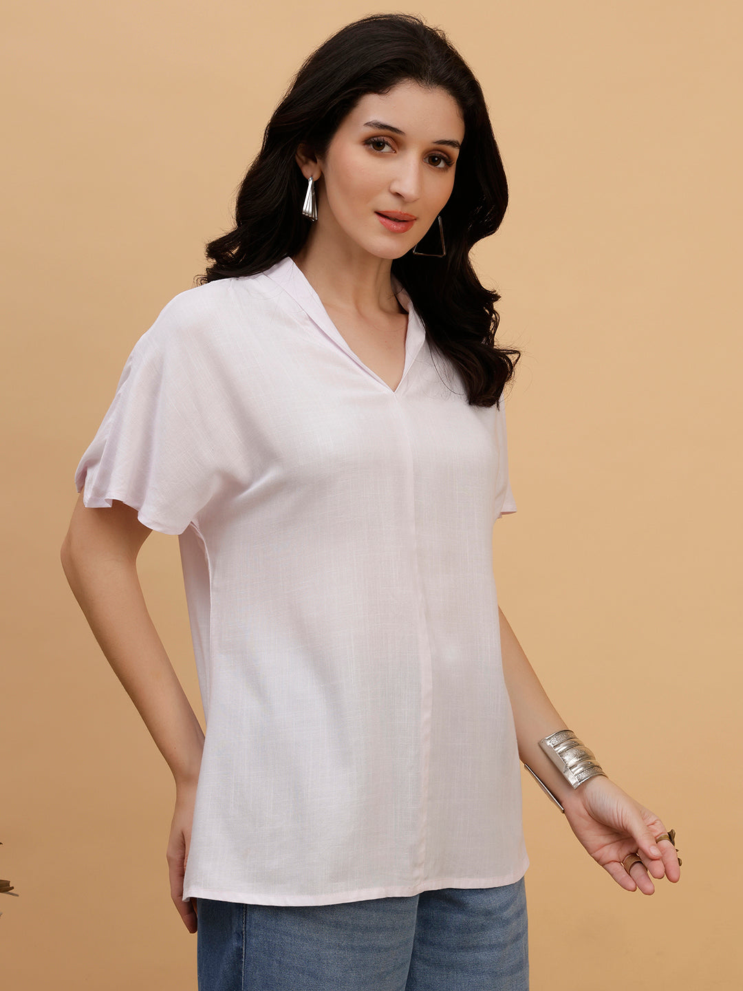 Women White Solid Rayon Casual Top (W1788)