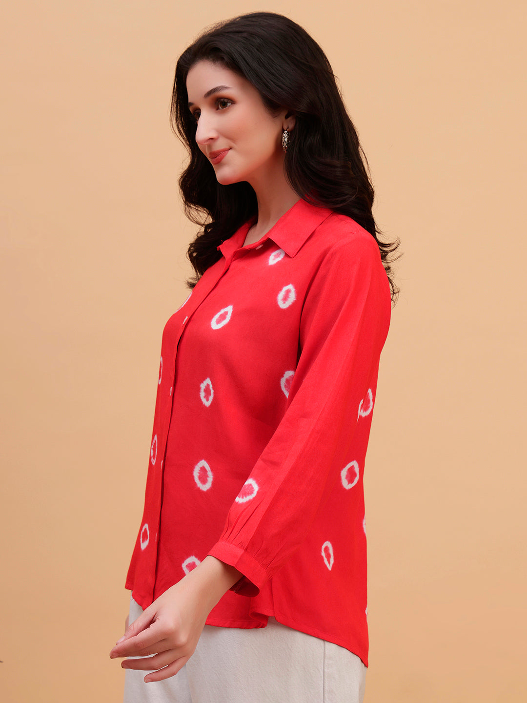 Women Red Tie-Dye Casual Rayon Regular Fit Shirt (W1795)
