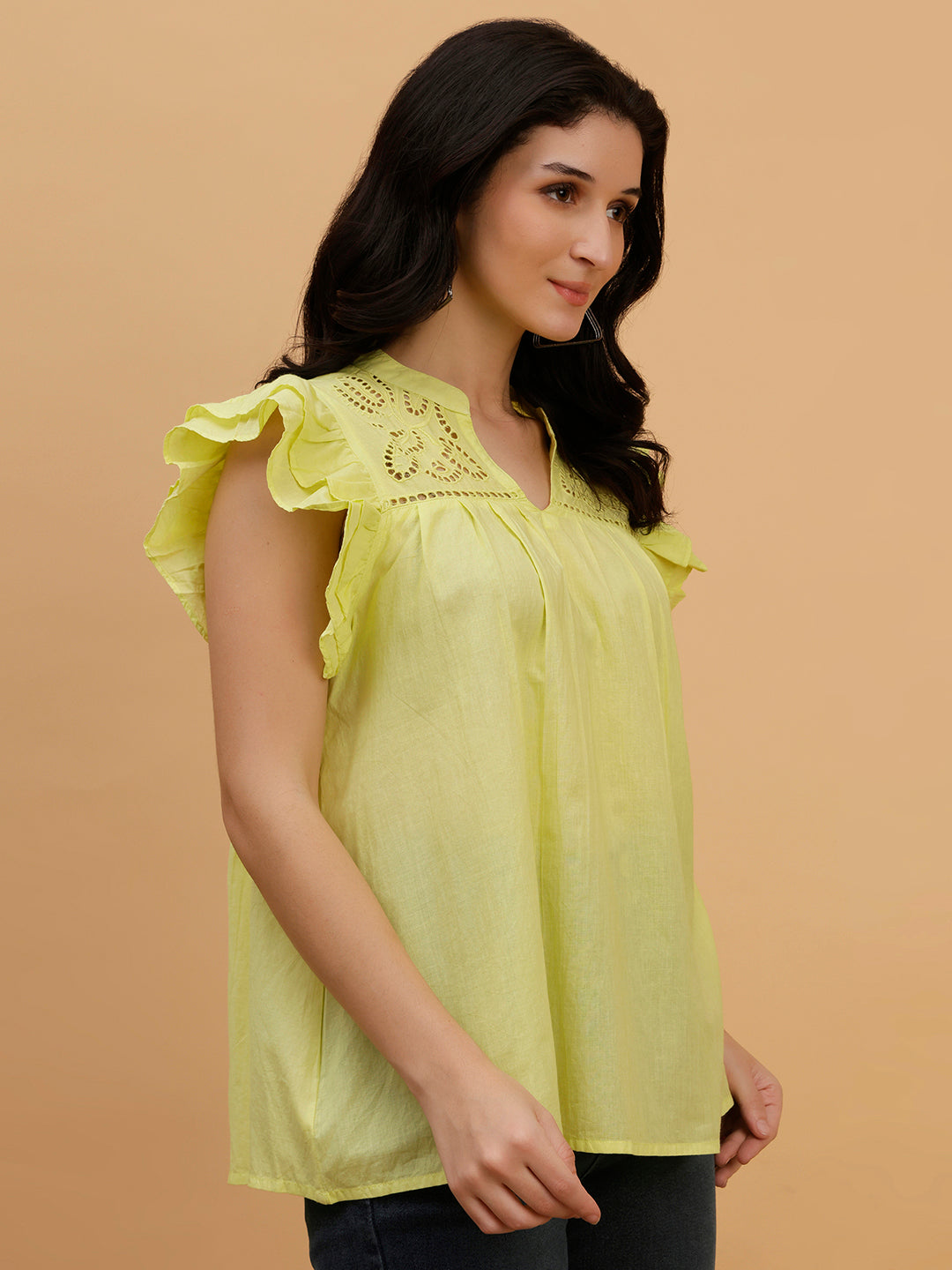 Women Yellow Tie-Dye Camric Casual Regular Fit Top (W1801)