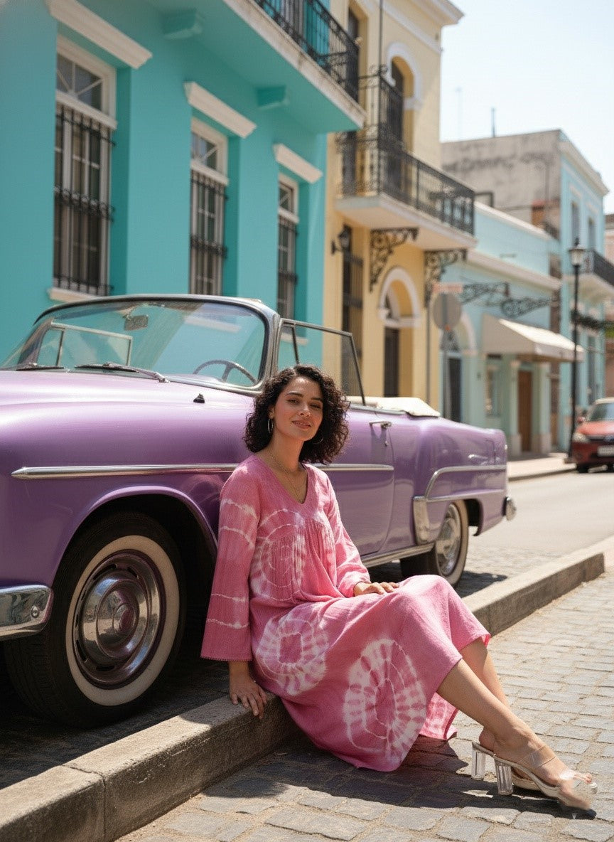 Women Handmade Floral Print Rayon Flared Pink Dress (W1597)