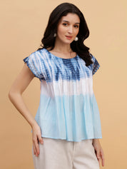 Women Blue-White Tie & Dye Camric Casual Top (W1806)