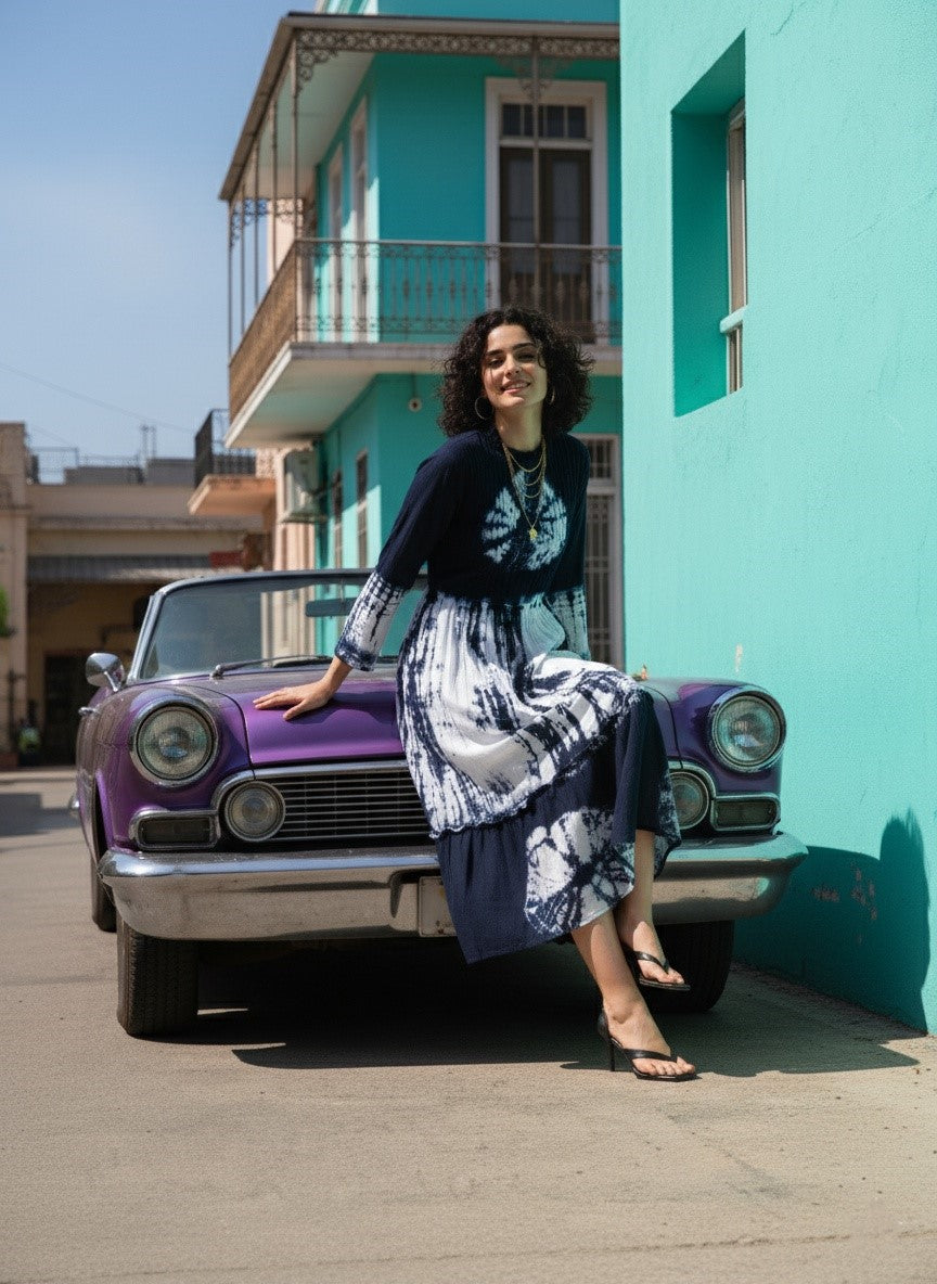 Women Handmade Floral Cotton Blend Flared Dark Blue Dress (W1606)