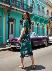Rayon Tie Dye Sea Green A-Line Midi Dress (W1257)