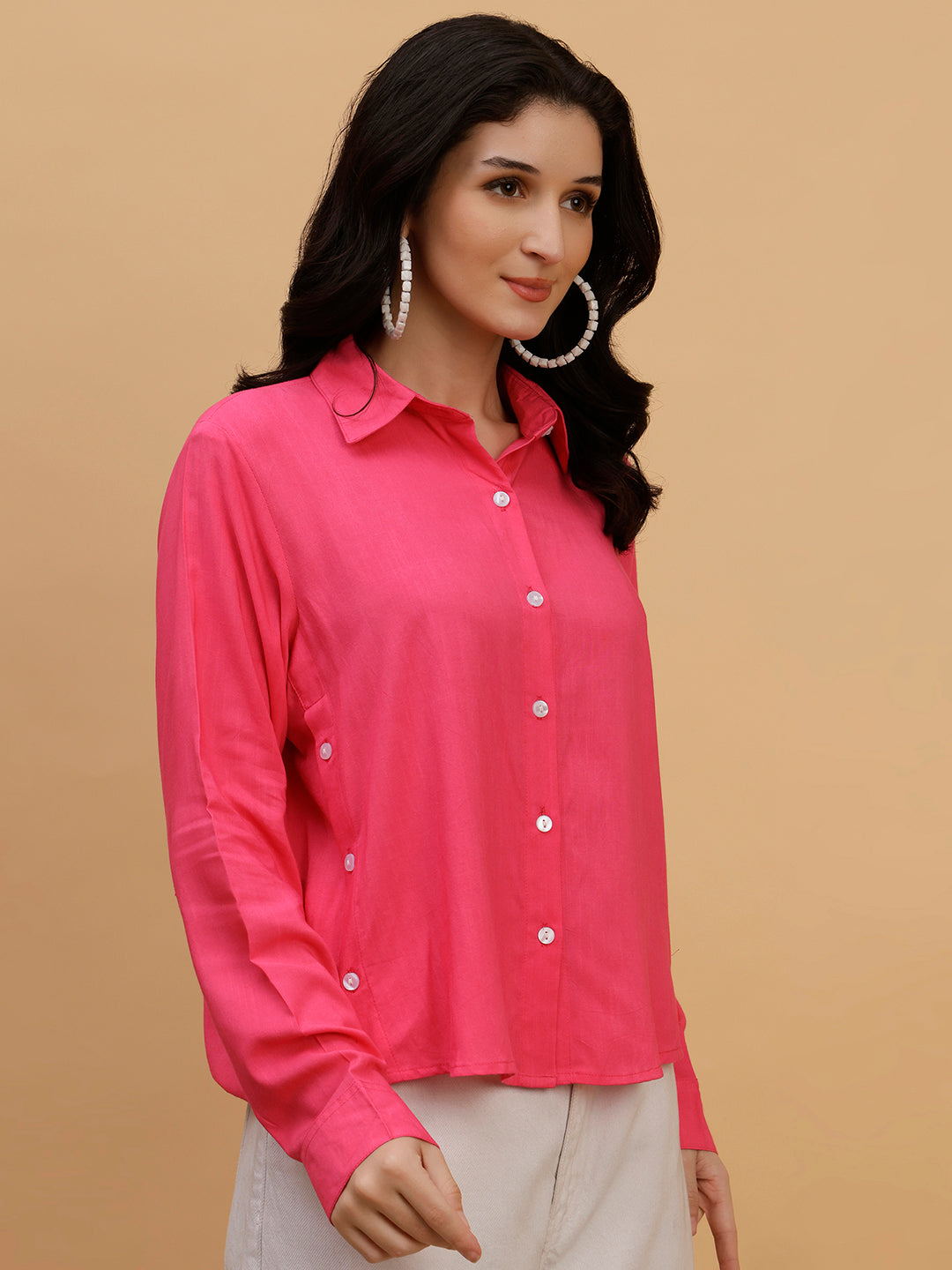 Women Camric Pink Solid Casual Regular Fit Shirt (W1820)