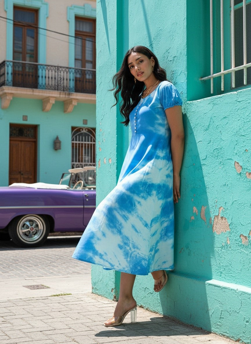 Rayon Tie and Dye Sky Blue A-Line Midi Dress (W1282)