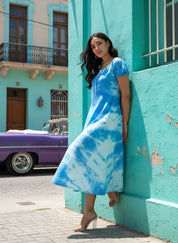 Rayon Tie and Dye Sky Blue A-Line Midi Dress (W1282)