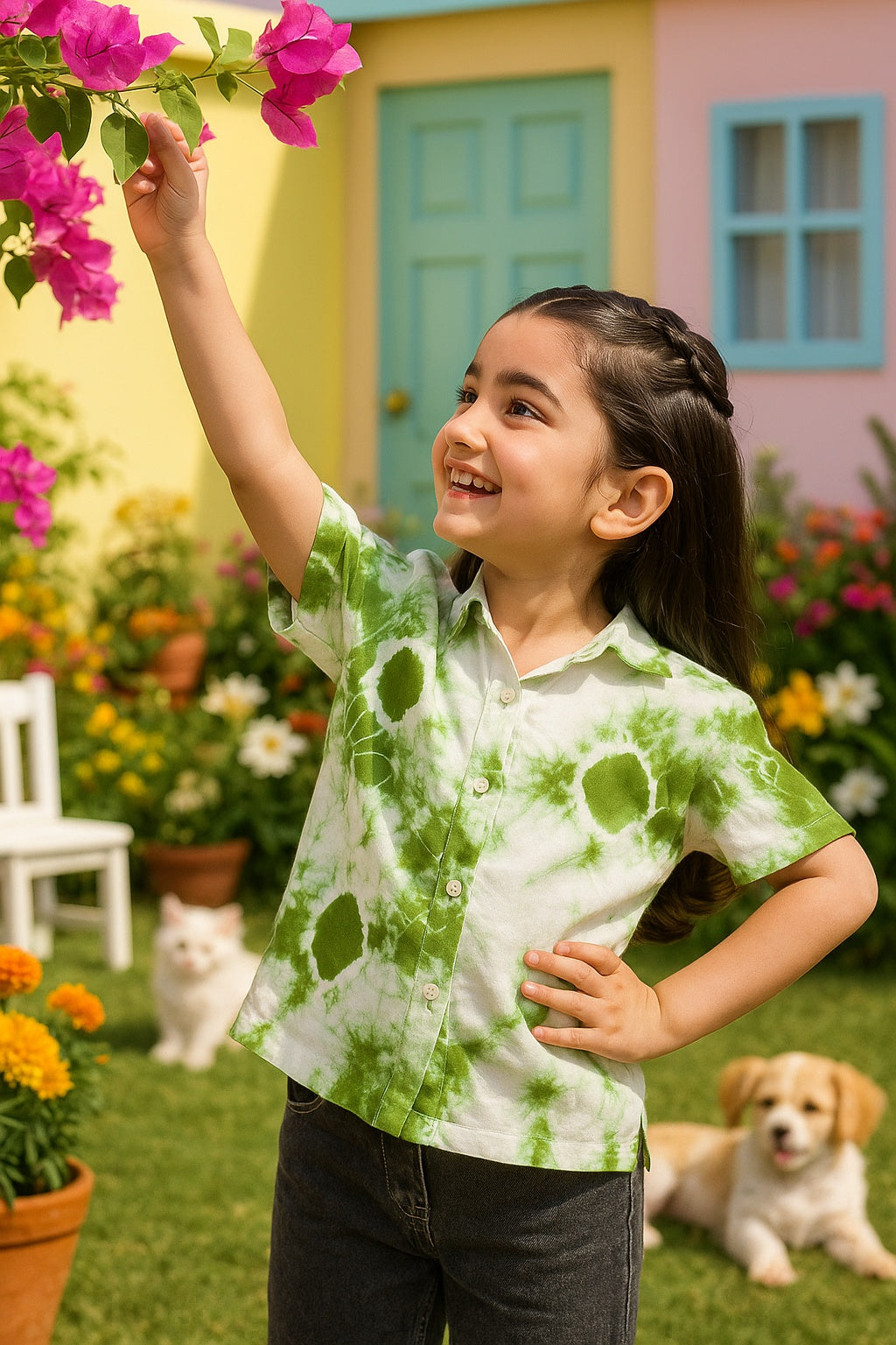 Hand Tie Dyed Half Sleeves Shirt for Girls (K1026)