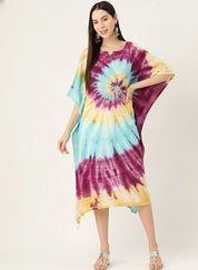 Women Rayon Tie & Dye Spiral Pink Yellow Kaftan Dress (W1347)