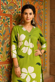 Women Handmade Geometric Pure Cotton Straight Light Green Kurta (W1589)
