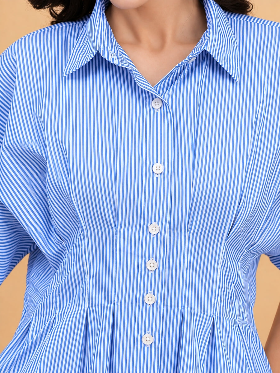 Women Pleated Blue Striped Camric Casual Shirt (W1811)
