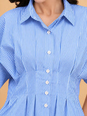 Women Pleated Blue Striped Camric Casual Shirt (W1811)