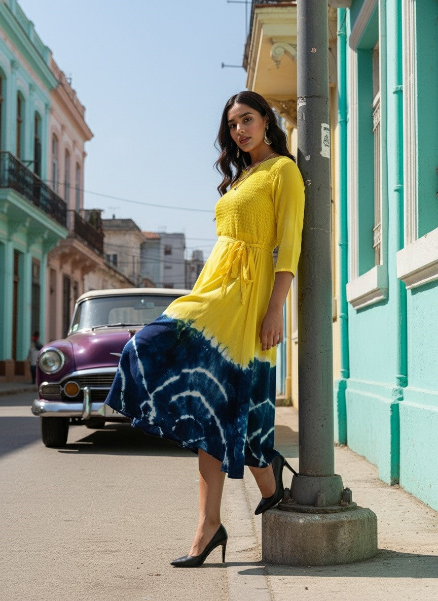 Rayon Tie Dye A-Line Navy Blue Midi Dress With Tie-Up Belt (W1242)