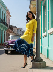 Rayon Tie Dye A-Line Navy Blue Midi Dress With Tie-Up Belt (W1242)