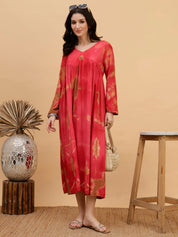 Women Hand Tie & Dye Red Rayon A-Line Dress (W1803)