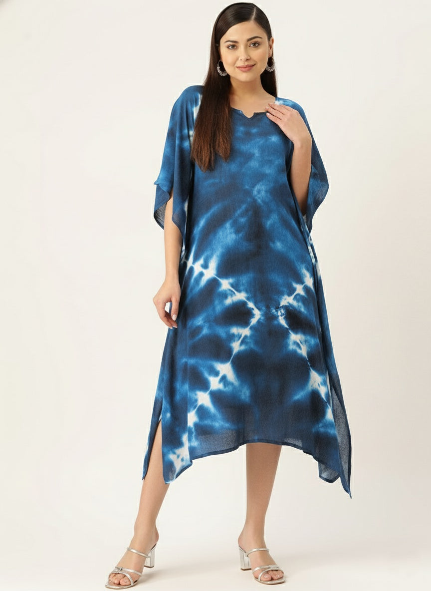 Women Rayon Crepe Tie & Dye Blue Kaftan Dress (W1348)