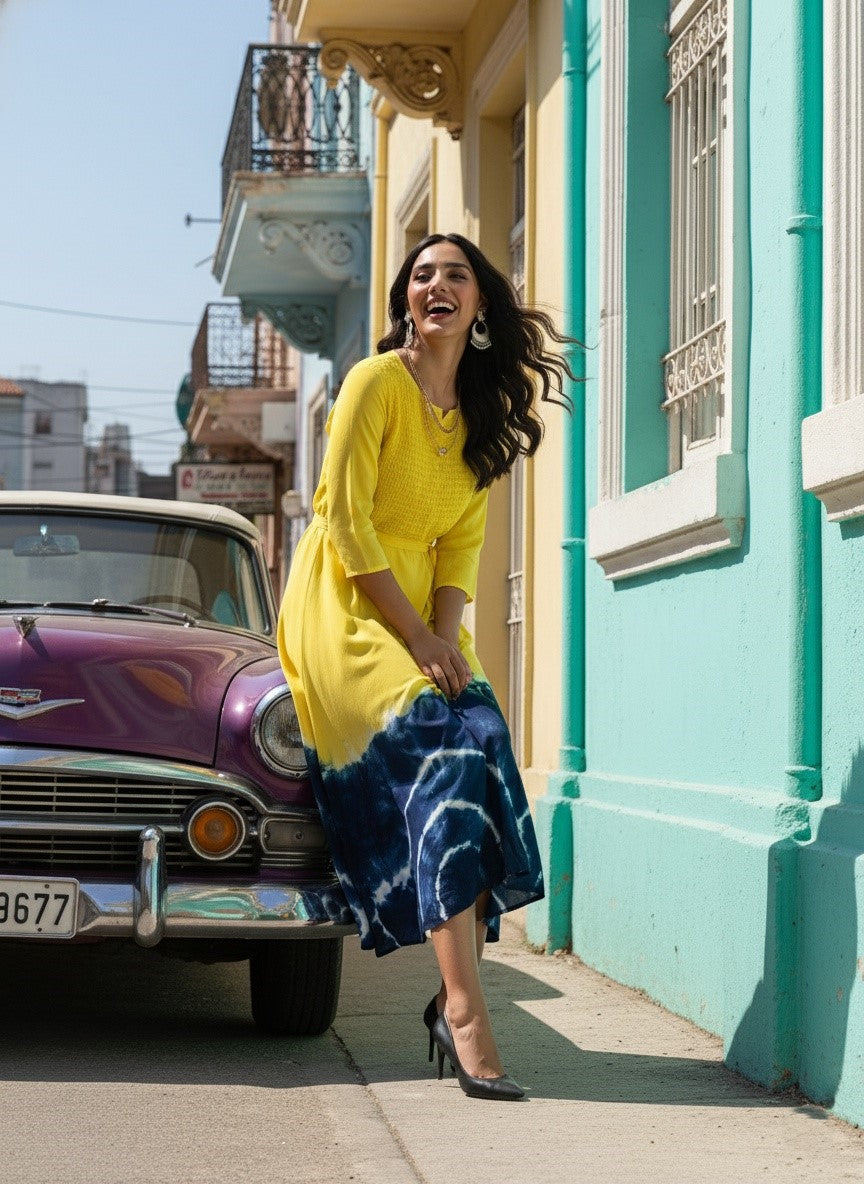 Rayon Tie Dye A-Line Navy Blue Midi Dress With Tie-Up Belt (W1242)