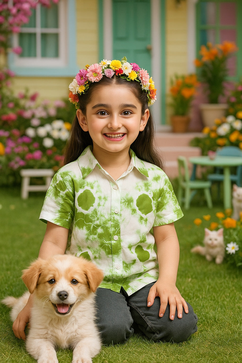 Hand Tie Dyed Half Sleeves Shirt for Girls (K1026)