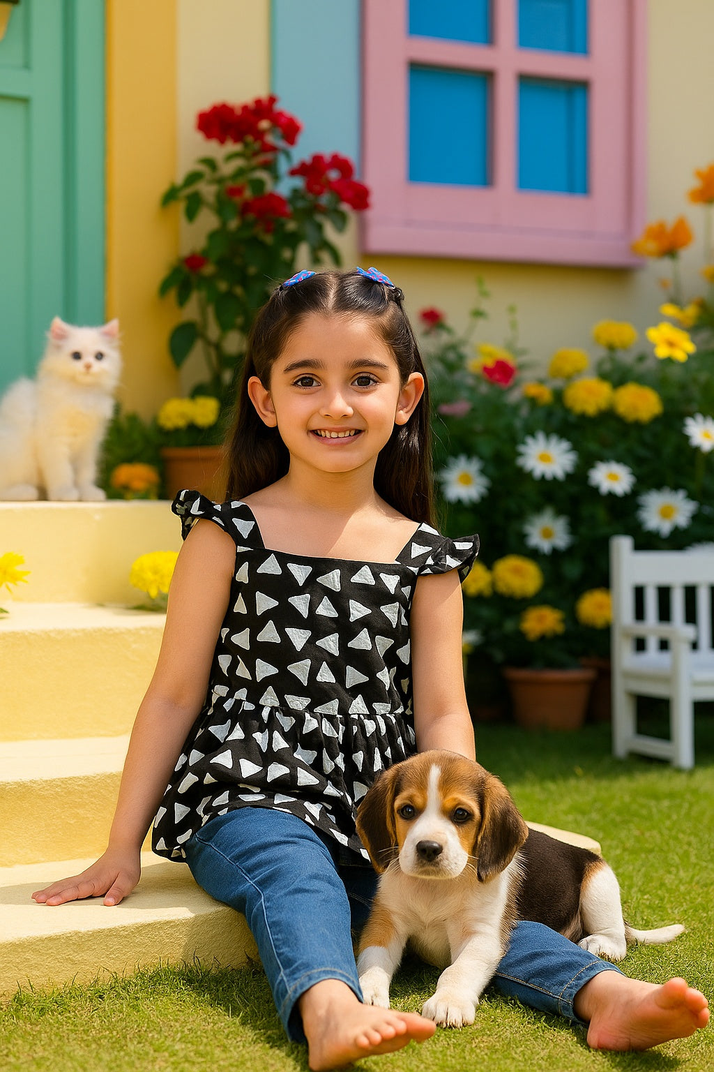 Cotton Printed Frill Shoulder Top for Girls (K1005)