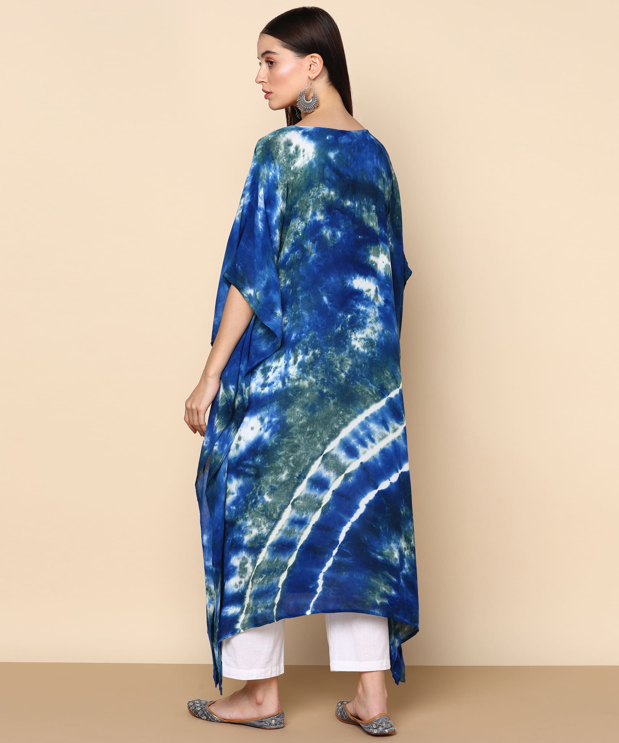 Women Rayon Crepe Tie & Dye Blue Kaftan Dress (W1209)