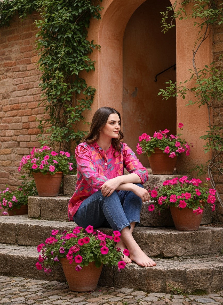 Pink Tie-Dye Crepe Loose Fit Shirt (W1566)