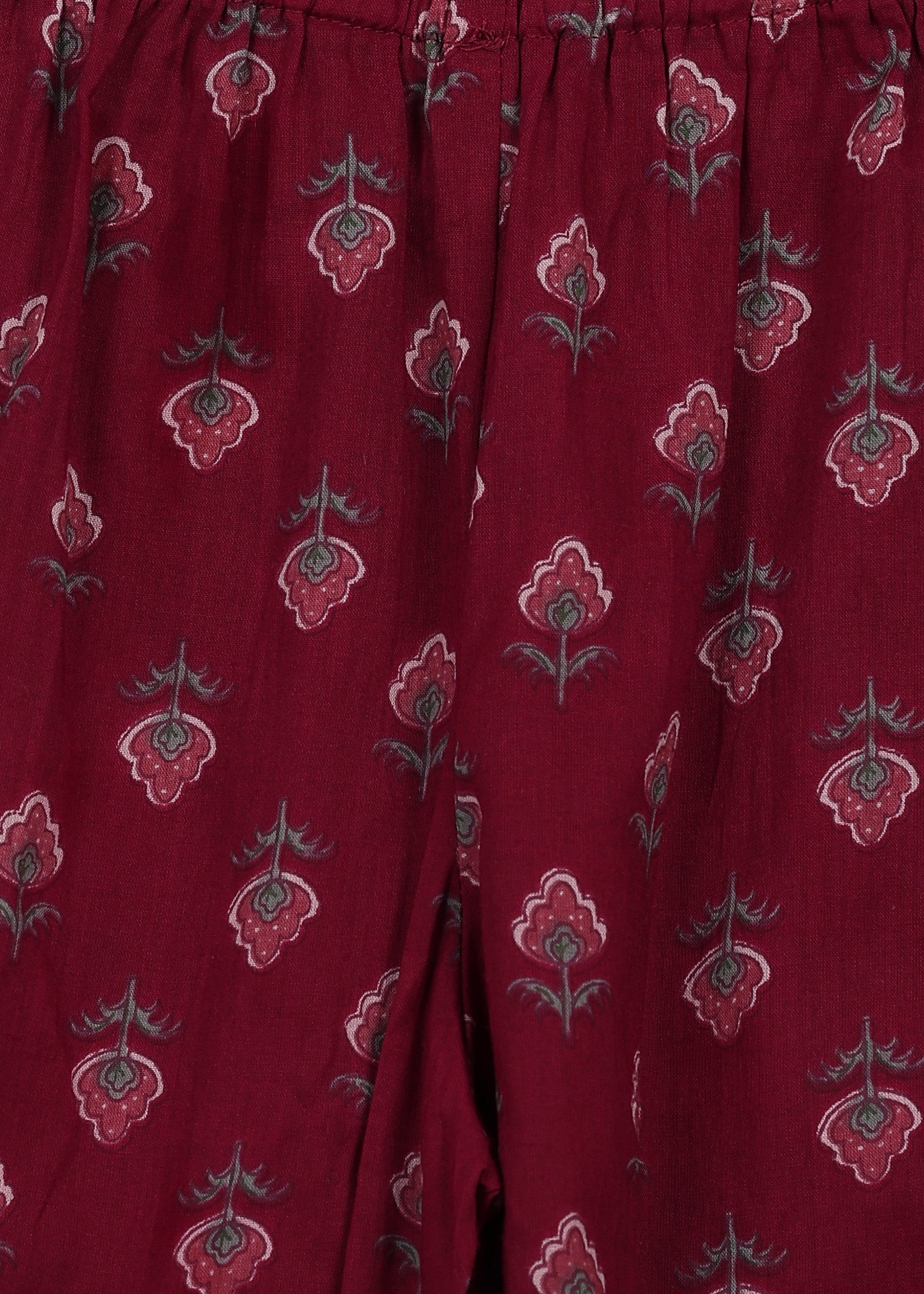 Girls Maroon Printed Cotton A-line Kurta And Pant Set (K1091)