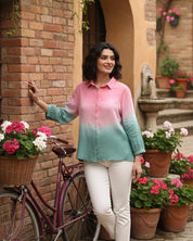 Women Handmade Tie-Dye Rayon Pink Green Shirt (W1627)