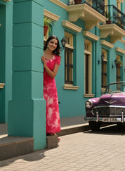 Rayon Fuchsia Tie Dye Flared Dress (W1281)