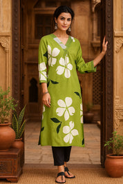 Women Handmade Geometric Pure Cotton Straight Light Green Kurta (W1589)