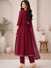 Women Rayon Maroon Printed Anarkali Kurta And Pant With Dupatta Set (W1312)