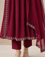 Women Rayon Maroon Printed Anarkali Kurta And Pant With Dupatta Set (W1312)