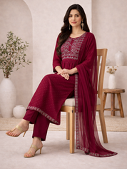 Women Rayon Maroon Printed Anarkali Kurta And Pant With Dupatta Set (W1312)