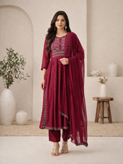 Women Rayon Maroon Printed Anarkali Kurta And Pant With Dupatta Set (W1312)