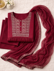Women Rayon Maroon Printed Anarkali Kurta And Pant With Dupatta Set (W1312)
