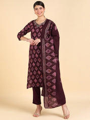 Discharge Print Wine Rayon Adda Work Suit Set With Dupatta (W1407)