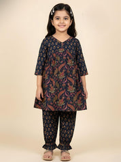Girls Blue Printed Cotton A-line Kurta And Pant Set (K1090)