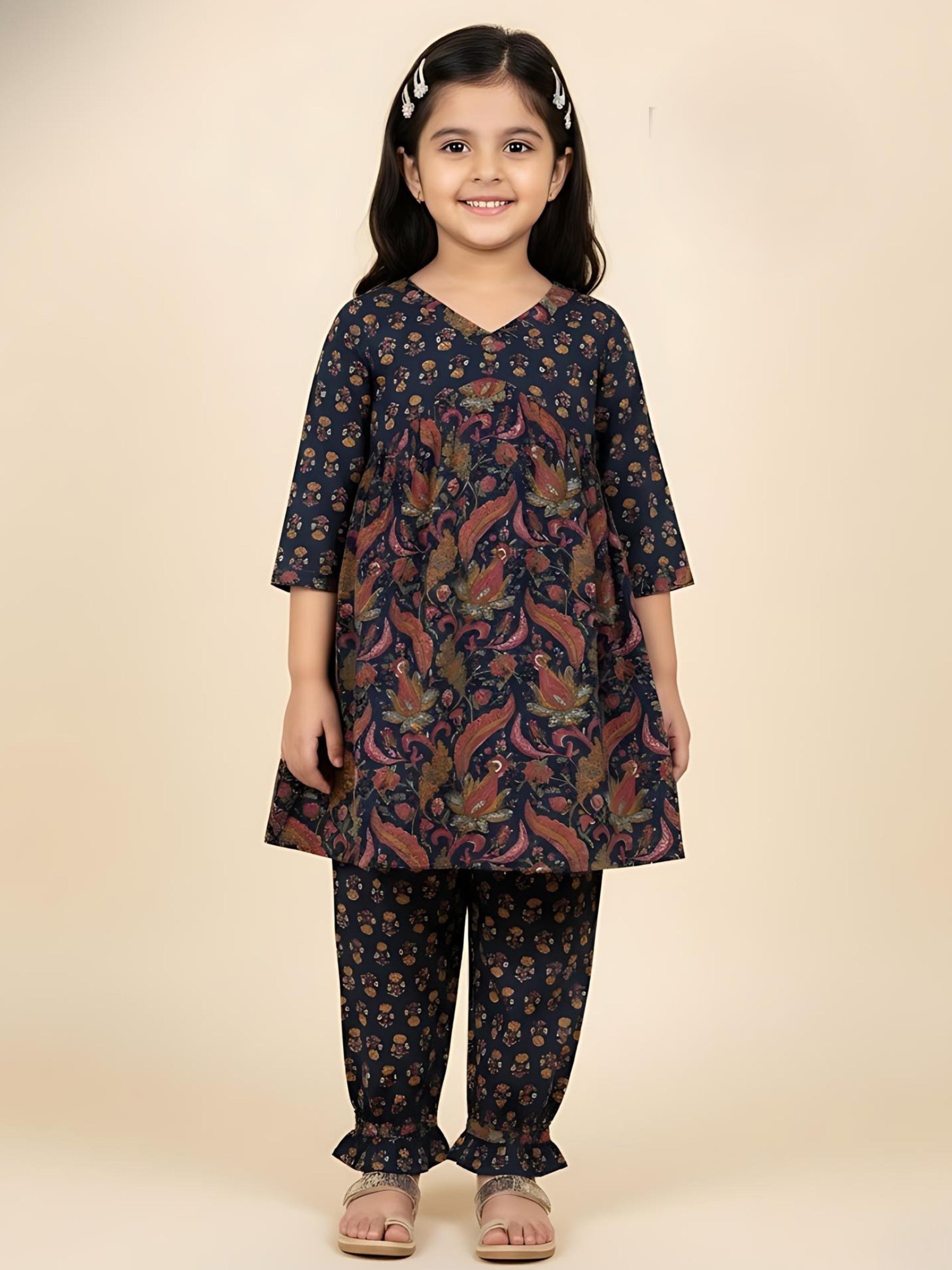 Girls Blue Printed Cotton A-line Kurta And Pant Set (K1090)