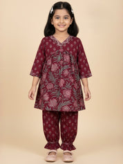 Girls Maroon Printed Cotton A-line Kurta And Pant Set (K1091)