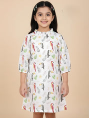 Cotton Casual White Printed A-Line Dress for Girls (K1088)