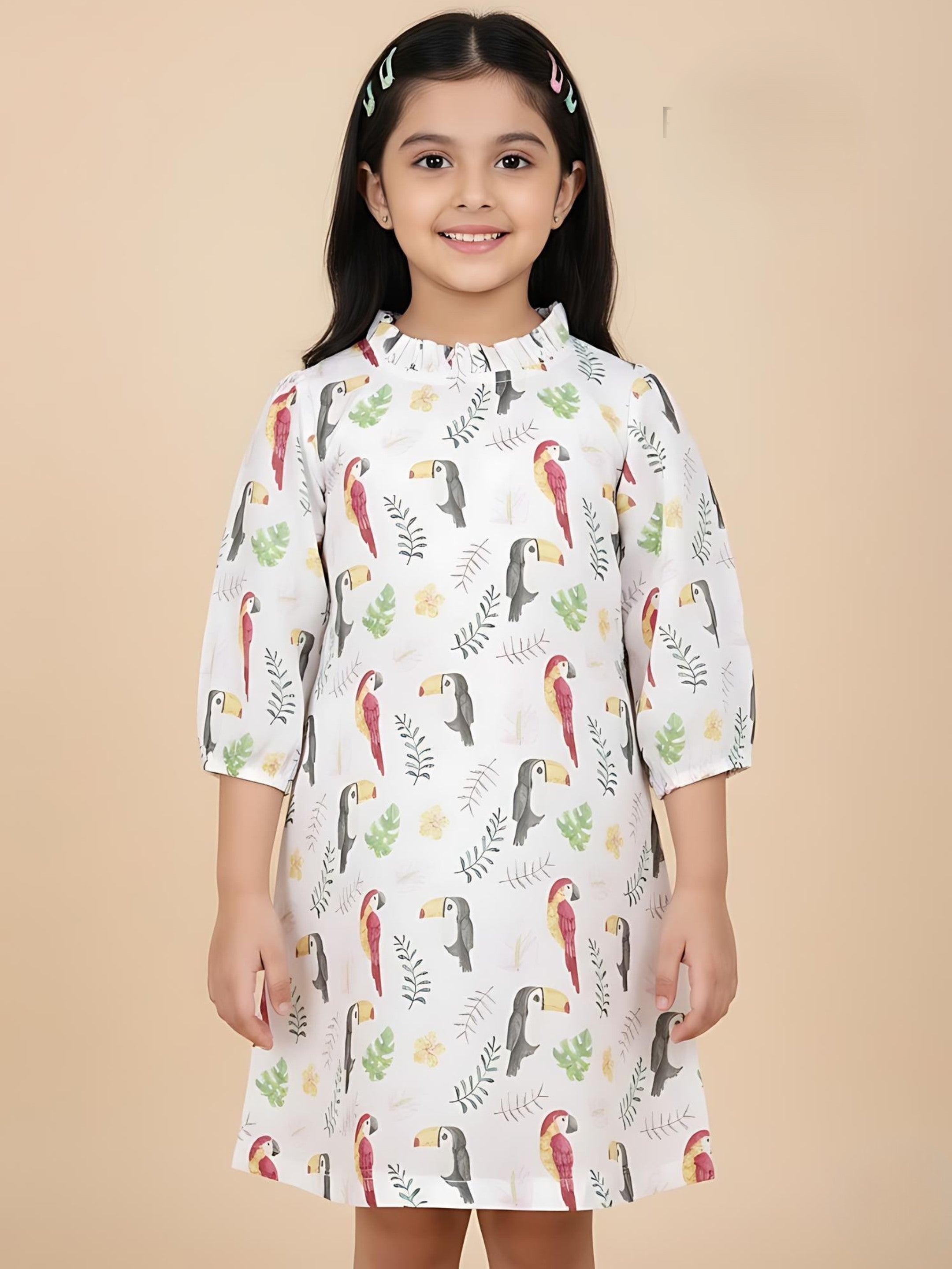 Cotton Casual White Printed A-Line Dress for Girls (K1088)
