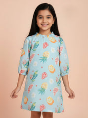 Cotton Casual Green Printed A-Line Dress for Girls (K1089)