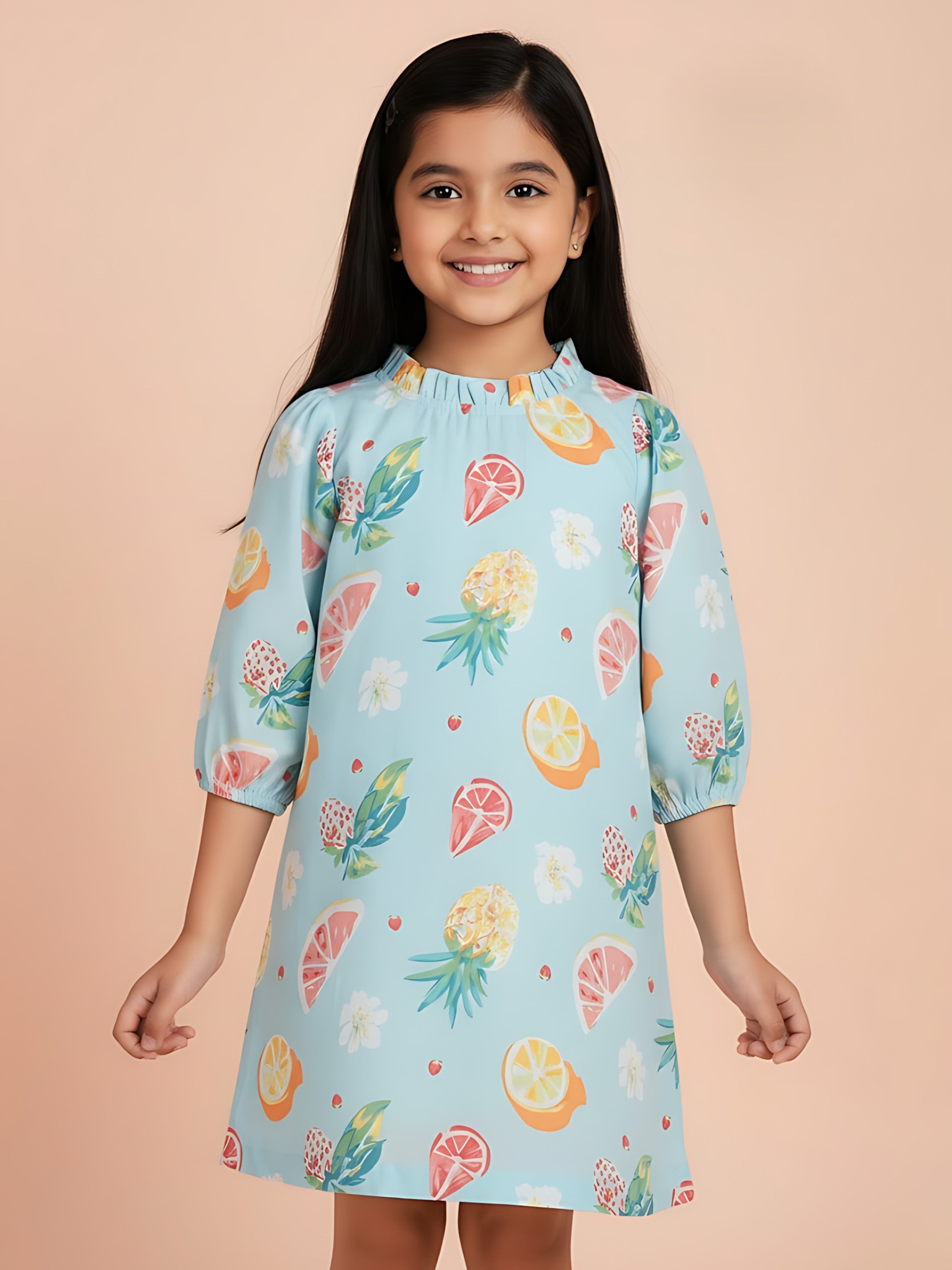 Cotton Casual Green Printed A-Line Dress for Girls (K1089)