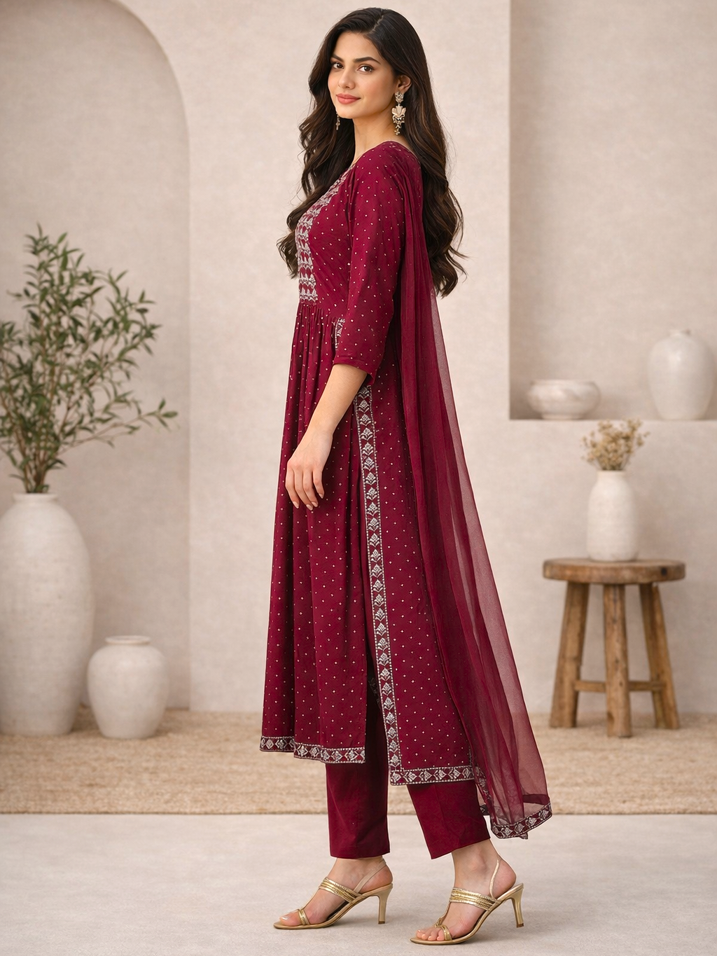 Women Rayon Maroon Printed Anarkali Kurta And Pant With Dupatta Set (W1312)