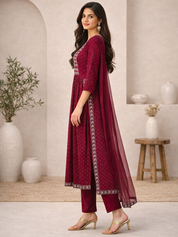 Women Rayon Maroon Printed Anarkali Kurta And Pant With Dupatta Set (W1312)