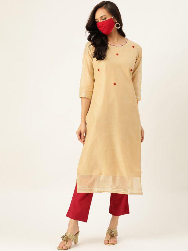 Beige Chanderi Kurta With Trouser
