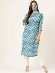 Pure Cotton Blue Handwork Straight Kurta
