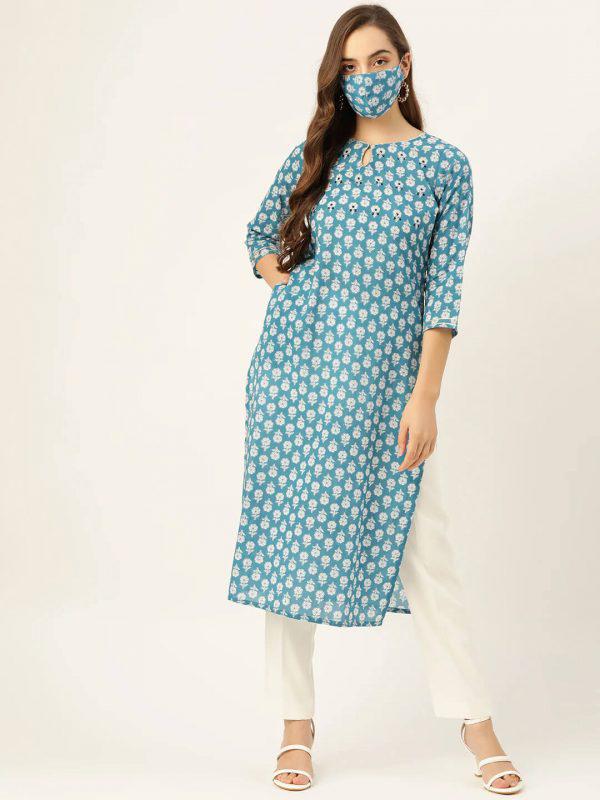 Pure Cotton Blue Handwork Straight Kurta